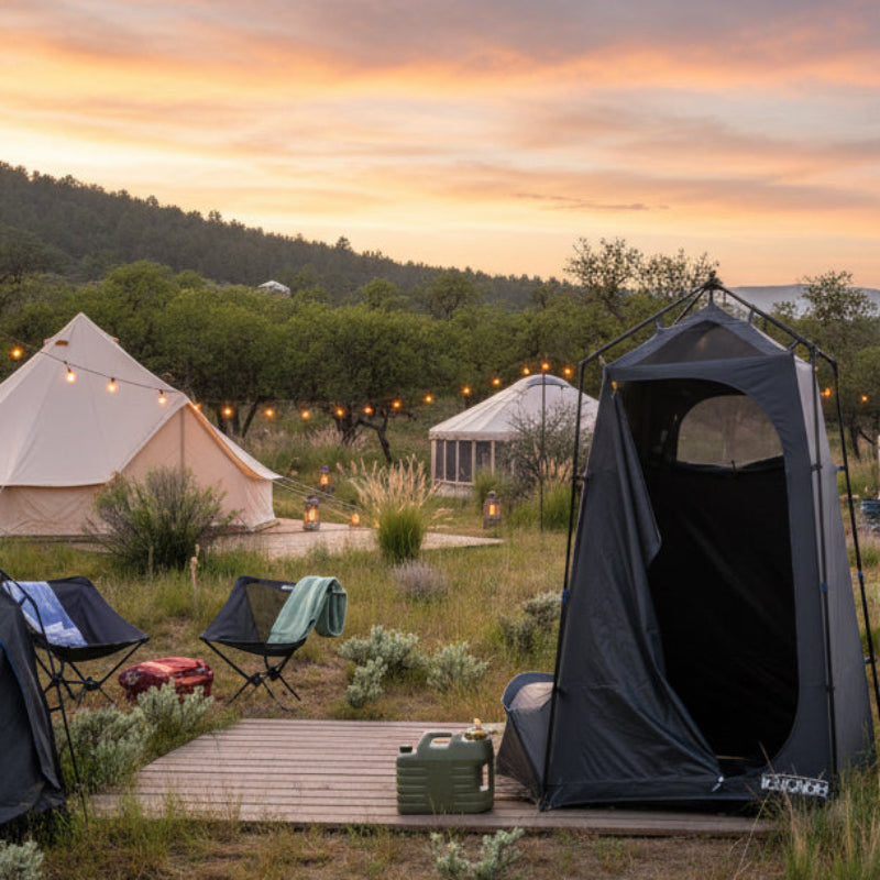 Kakadu Outback Shower Tent built for rugged conditions, with an optional rain fly, guy ropes, and stakes for extra stability 
