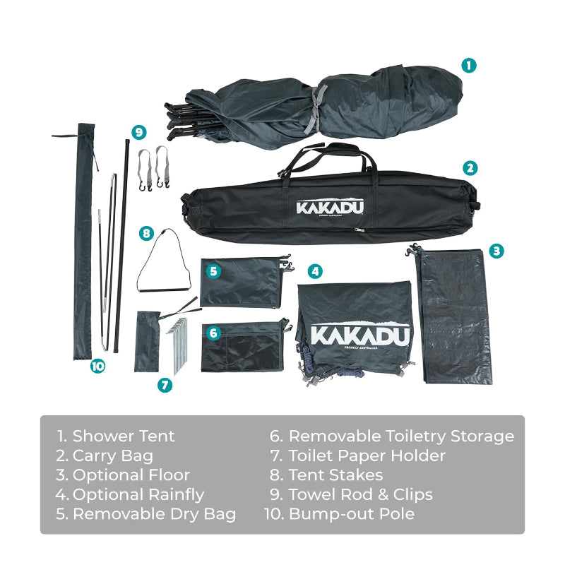 Kakadu Outback Shower Tent includes optional floor and rainfly, removable dry bag and toiletry storage, and more