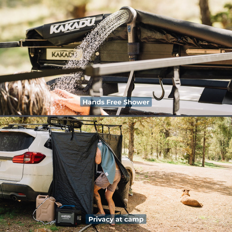 Kakadu Outback Shower Vehicle Tent includes 2 shower head hanging points