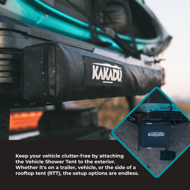 Kakadu Outback Shower Vehicle Tent attaches to vehicle exterior roof rack and/or cross bars
