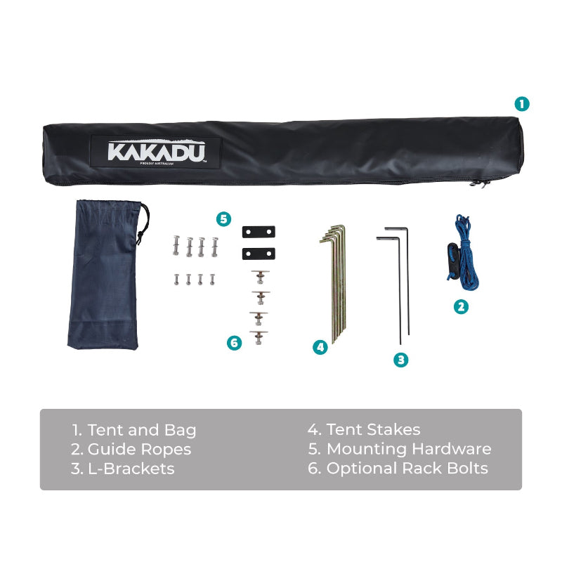 Kakadu Outback Shower Vehicle Tent includes guide ropes, tent stakes, mounting hardware and more