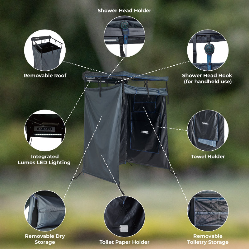 Kakadu Outback Shower Vehicle Tent includes shower head holder, towel holder, toilet paper holder, and more