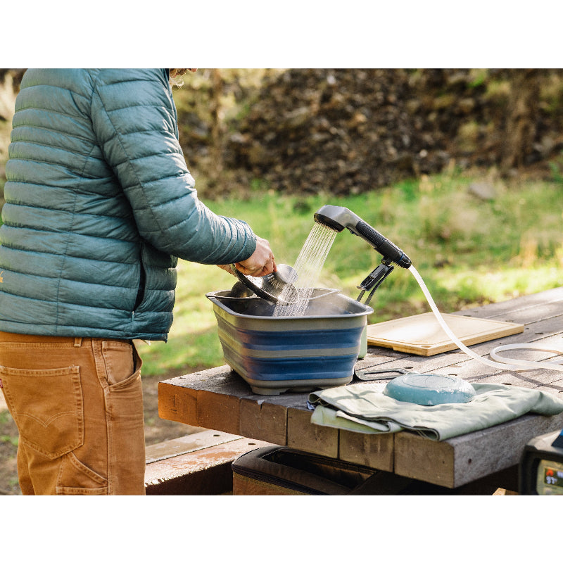 Kakadu Outback Wash Basin features wide, structured, opening and stays open for easy filling, washing, and draining