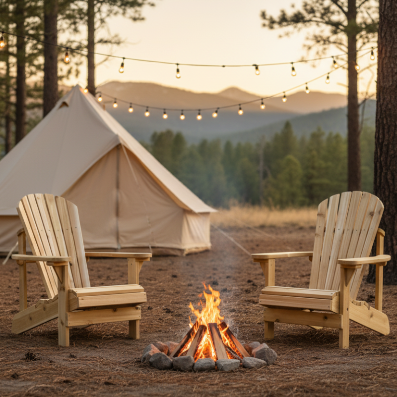 Two wooden Adirondack chairs around a camp fire with glamping tent in background