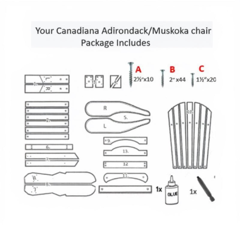 Diagram of components for a Canadiana Adirondack/Muskoka chair package.