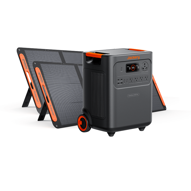 Jackery HomePower 3600 Plus portable power station with two SolarSaga 200W solar panels
