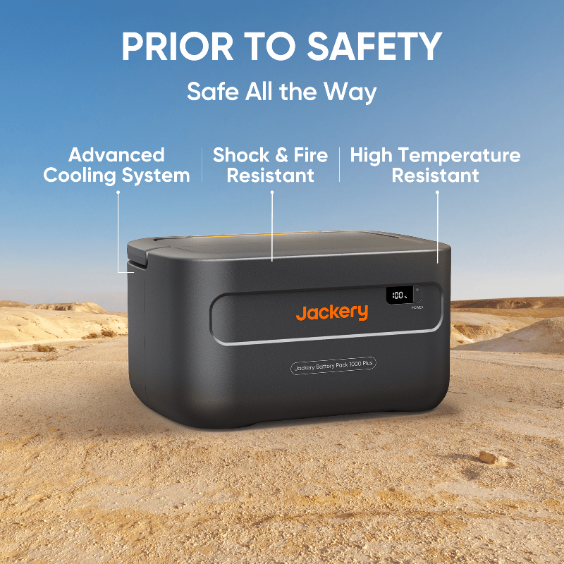 Jackery Battery Pack 1000 Plus with advanced cooling system, shock and fire resistant, high temperature resistant