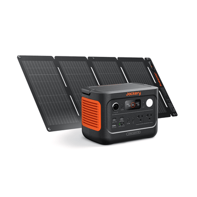 Jackery portable power station 300 v2 with solar panels on a white background
