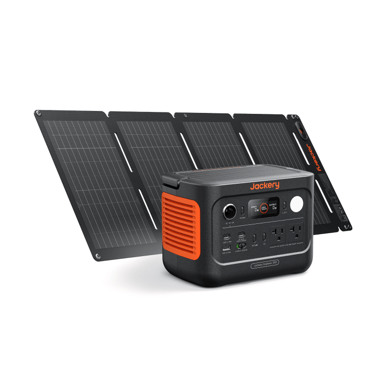 Jackery portable power station 300 v2 with solar panels on a white background