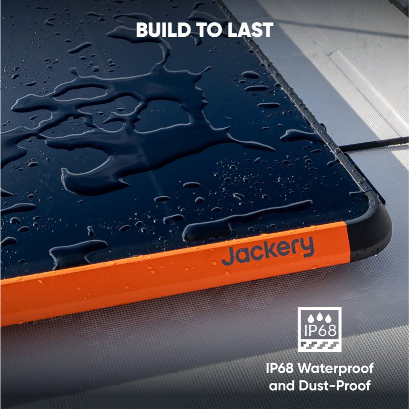Jackery SolarSaga 100 Prime Solar Panel indicating IP68 waterproof and dust-proof