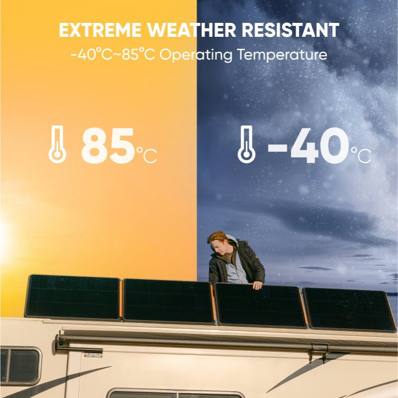 Jackery SolarSaga 100 Prime Solar Panel extreme weather resistant -40 degree celsius  to 85 degree celsius operating temperature.