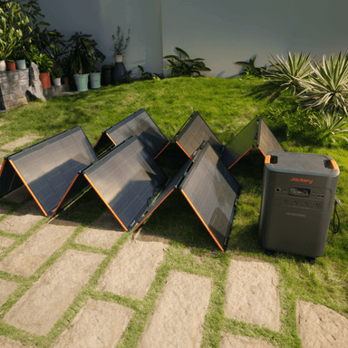 Jackery SolarSaga 500 X two units shown with Jackery Explorer 5000 Plus