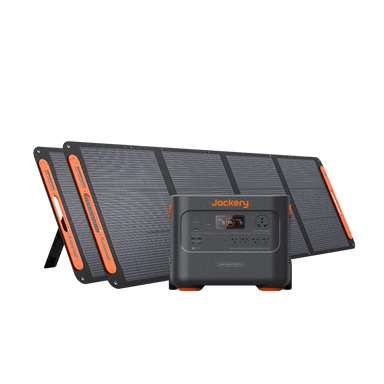 Jackery Solar Generator 2000 Plus expandable portable power station shown with two SolarSaga 200W solar panels