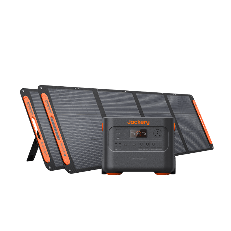 Jackery Solar Generator 2000 Plus expandable portable power station shown with two SolarSaga 200W solar panels