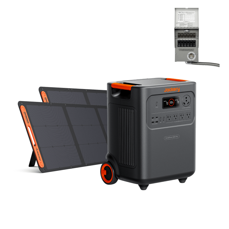 Jackery HomePower 3600 Plus with two SolarSaga 200W solar panels and manual transfer switch connects directly to home circuits